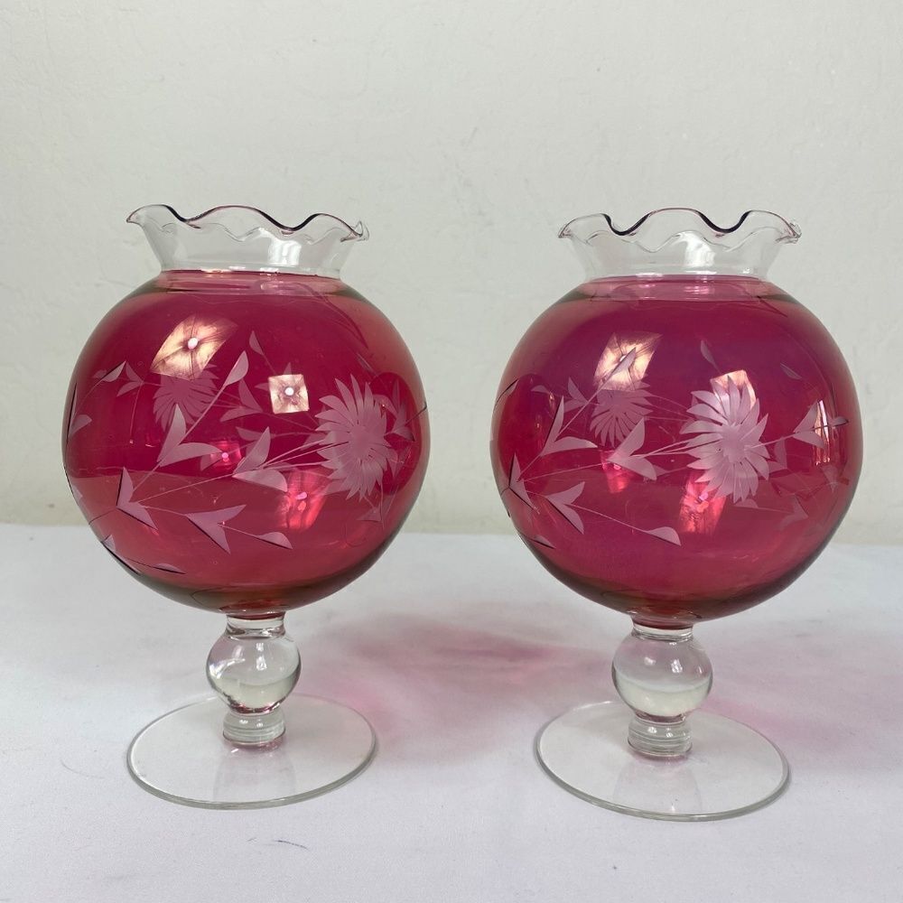2 Vtg  cranberry round vases 2 w/etched flowers on a base. 50s 60s